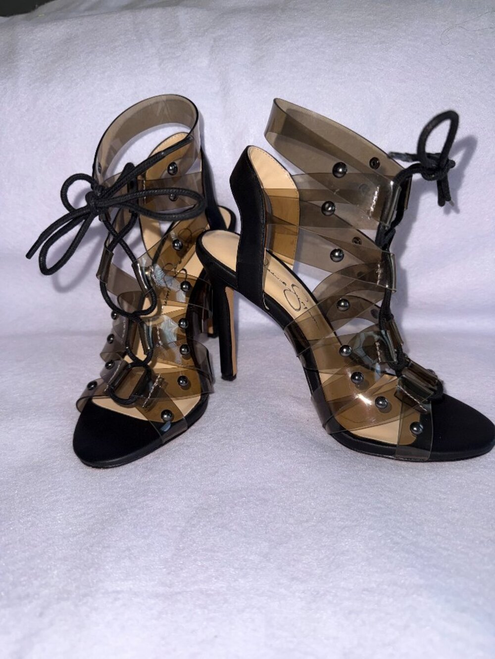 Jessica Simpson Black Clear Strappy Studded Lace Up Open Toe Stiletto Heels 5.5